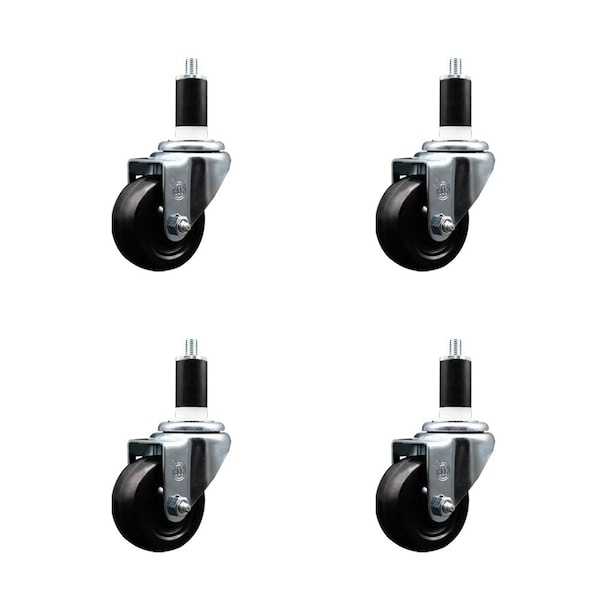 3'' SS Soft Rubber Wheel Swivel 1-3/8'' Expanding Stem Caster Set, 4PK
